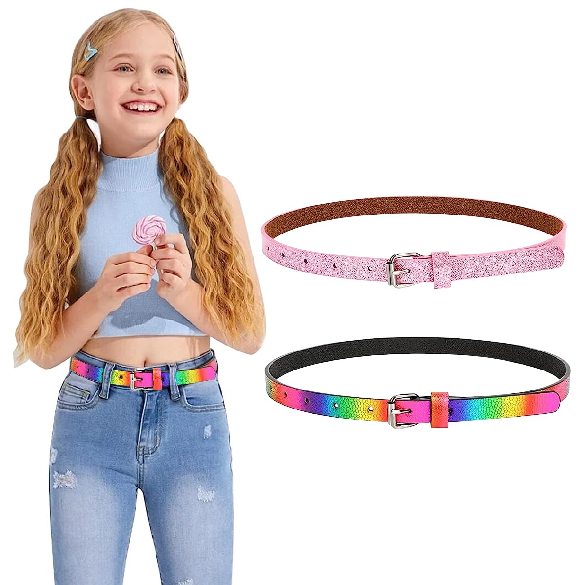 PALAY 2 Pack Belt for Girls, Glittering PU Leather Girls Belt, Rainbow Waist Belt for Jeans Pants Dress, 35.4in Metal Buckle Belt for Kids Girl 6-12 Years Old (Pink & Rainbow) PALAY 2 Pack Belt for Girls, Glittering PU Leather Girls Belt, Rainbow Waist Belt for Jeans Pants Dress, 35.4in Metal Buckle Belt for Kids Girl 6-12 Years Old (Pink & Rainbow)
